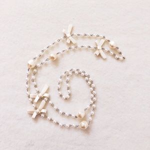 4/$22 Long Faux Pearl White Ribbon Beaded Silver Tone Chain Lightweight Necklace